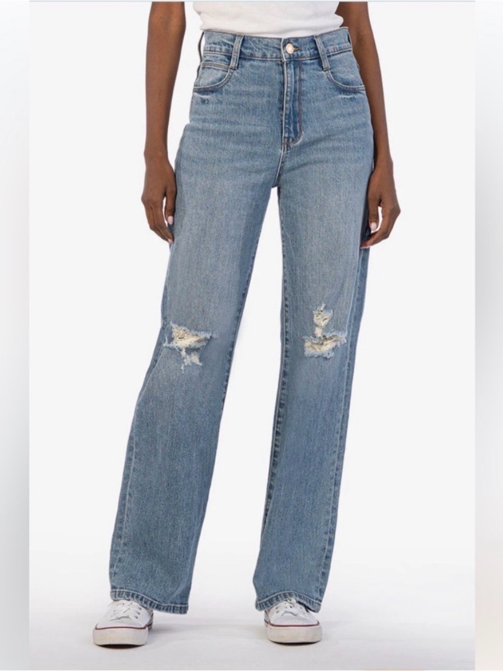 KUT From the Kloth Sienna Wide Leg Jeans Size 12 Blue Denim Distressed Knee